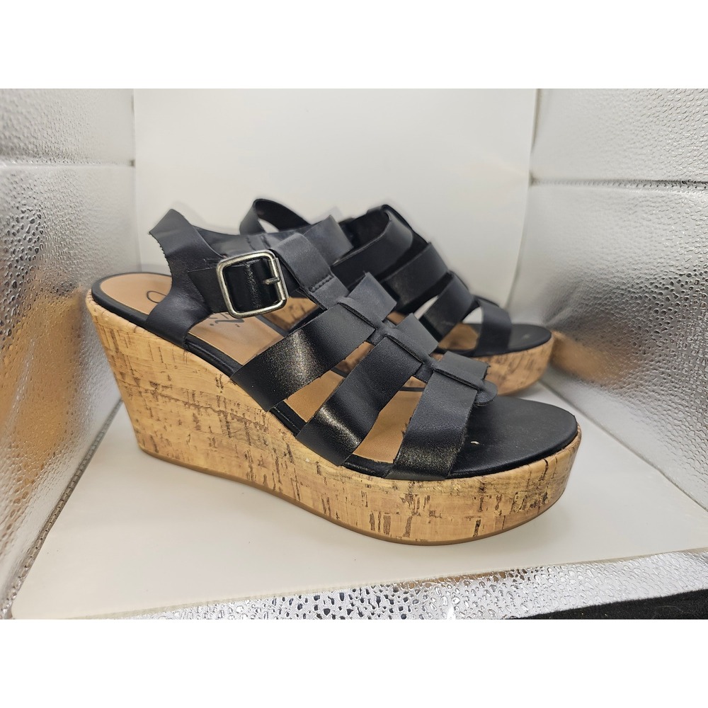 Y Not? Brynn Black Faux Leather Cork Platform Wedge Gladiator Sandals Womens 6.5